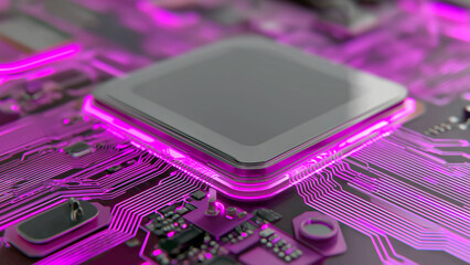 Futuristic glowing computer motherboard and AI microchip with purple, cyan, and green circuits for innovation and business growth  
