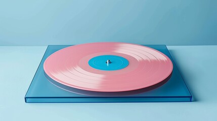 Fototapeta premium Stylish pink vinyl record set against a soft pastel blue background for a modern aesthetic