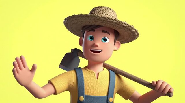 Animated farmer character with hat and tool on yellow background