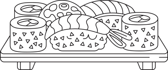 Delicious Sushi Outline Illustration on a Plate in a Simple Asian Cuisine Style Design