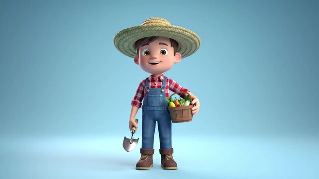 Animated farmer holding basket of produce and gardening tool