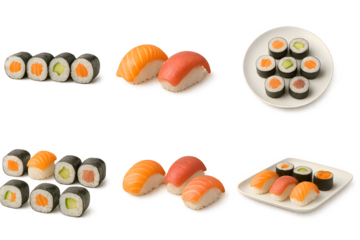 Sushi set with nigiri and maki rolls, arranged neatly for clean Japanese cuisine presentation.
