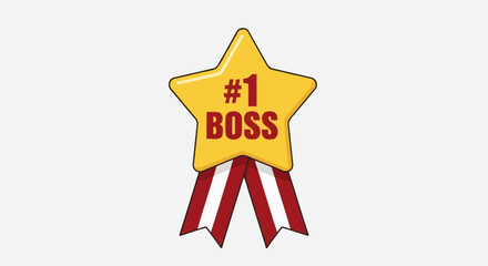 A celebratory gold star award with red and white ribbons, recognizing the number one best boss.