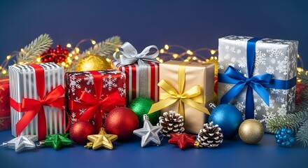 Festive Holiday Gifts Gleam with Joyful Ribbons and Ornaments. A Stunning Display of Christmas Cheer, Embellished with Sparkling Lights and Festive Decorations.