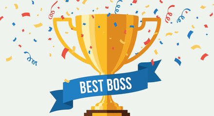 A golden trophy cup with a "Best Boss" ribbon and falling confetti celebrating an achievement.