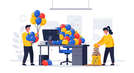 Colleagues fill an office workspace with colorful balloons and confetti for a surprise party.