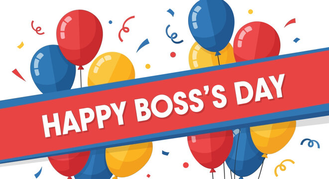 Festive celebration with colorful balloons and confetti announcing "Happy Boss's Day".