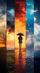 The silhouette of a person with an umbrella against the backdrop of the four seasons and different weather conditions is useful for articles about climate, changing seasons,  