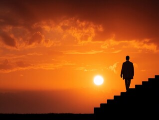 Silhouette of Man Climbing Stairs Towards Sunset.