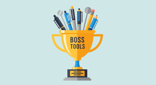 A golden trophy labeled "BOSS TOOLS" overflowing with various writing instruments, symbolizing success and essential office supplies for leadership.