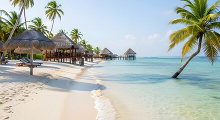 Serene tropical beach scene with thatched huts, swaying palms, and crystal-clear turquoise waters inviting relaxation and tranquility. A perfect escape.