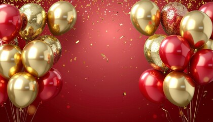 Celebration party banner background with red, gold balloons, carnival, festival or birthday balloon red background, red celebration background template 