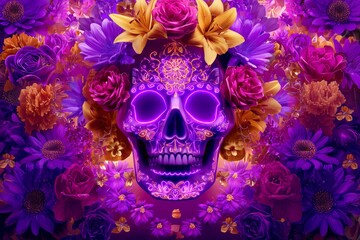 Fototapeta premium Neon Sugar Skull with Vibrant Flowers for Day of the Dead Celebration