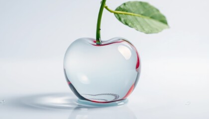 Transparent glass apple with green leaf on a white background