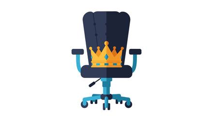 A golden crown rests on a modern blue office chair, symbolizing leadership, a vacant top position, and corporate success.