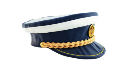 Captain's hat with nautical badge with accessories on transparent background.

