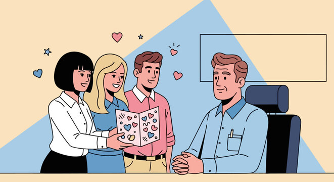 Colleagues surprise their boss with a heartfelt handmade card, celebrating a special occasion with cheerful affection.