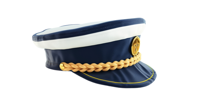 Captain's hat with nautical badge with accessories on transparent background.

