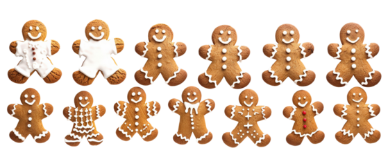 Variety of smiling gingerbread cookies decorated with white icing and candy on a transparent background, perfect for holiday and Christmas designs, cut-out, clipping path