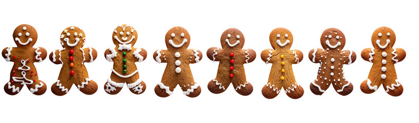 Fototapeta premium Variety of smiling gingerbread cookies decorated with white icing and candy on a transparent background, perfect for holiday and Christmas designs, cut-out, clipping path