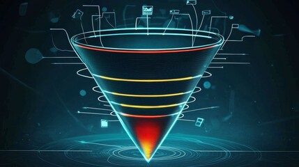 An illuminated funnel showcasing the stages of sales from initial lead to final conversion.
