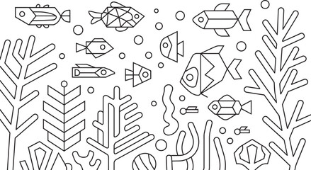 Underwater Geometric Fish and Seaweed Scene with Bubbles in a Modern Line Art Style
