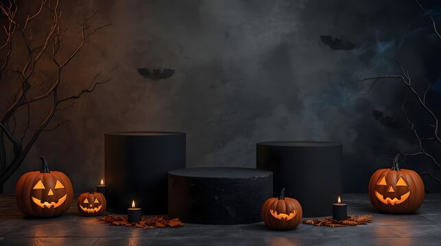 Halloween product display with black podiums and pumpkins. Spooky stage with glowing jack-o'-lanterns.