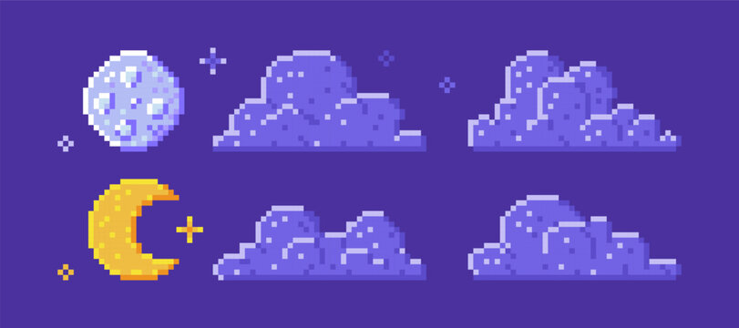 Collection of pixel night sky elements