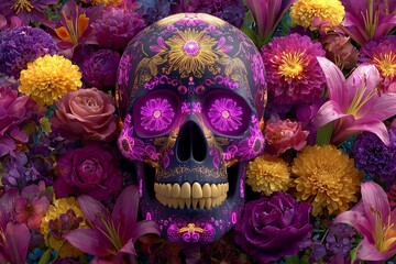 Neon Sugar Skull with Vibrant Flowers for Day of the Dead Celebration