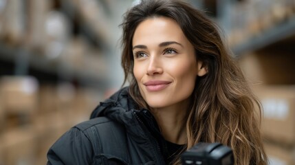 Smiling Woman in Black Jacket Warehouse Background.