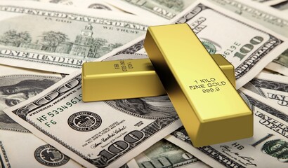 Obraz na płótnie Canvas Gold bar and money bills, economic crisis