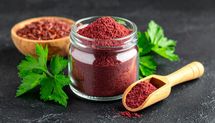 Glass jar with vibrant red yeast rice powder, wooden spoon. Fresh green herbs on black surface.