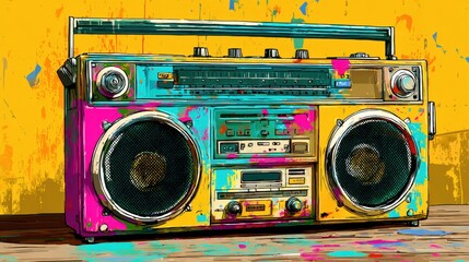 Naklejka premium Vintage Boombox With Colorful Graffiti Design on Wooden Surface Against Vibrant Yellow Background