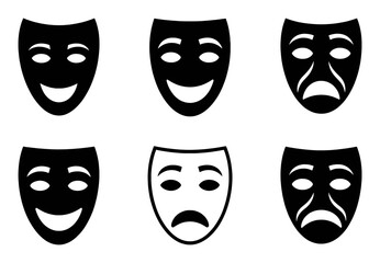 Collection of Six Theater Masks Depicting Various Emotions: Happy, Sad, and Neutral