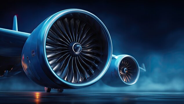 Close-up of airplane jet engines at night
