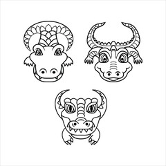  Alligator Monster Heads Outline Vector Illustration

