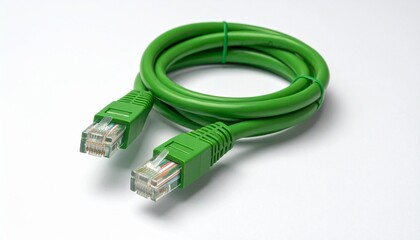 Render a coiled green Ethernet cable with visible RJ45 connector, placed on dark textured surface, emphasizing wired networking, data transmission, and structured tech hardware design.