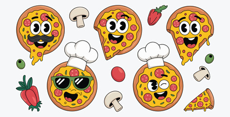 Collection of Fun and Playful Cartoon Pizza Characters on White Background
