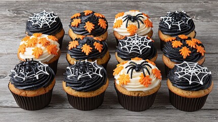Halloween cupcakes decorated with spiders, cobwebs and autumn leaves in orange and black colors