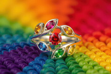 Colorful gemstone ring with rainbow hues on vibrant rainbow fabric background, showcasing beautiful and intricate jewelry design with central red gemstone and surrounding multicolored stones
