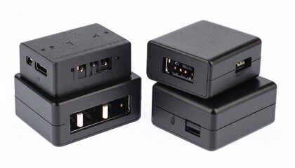 Render four stacked black electronic enclosures with visible USB, HDMI, and Ethernet ports, isolated on white background, emphasizing modular computing and hardware prototyping design.