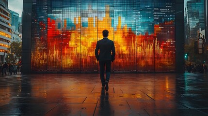 A businessman walks towards a large brightly illuminated digital screen in a wet modern city plaza