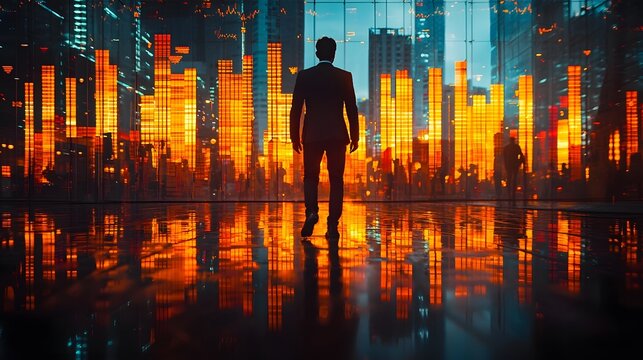 A businessman in a suit stands before a futuristic cityscape with glowing abstract charts and reflections - Powered by Adobe