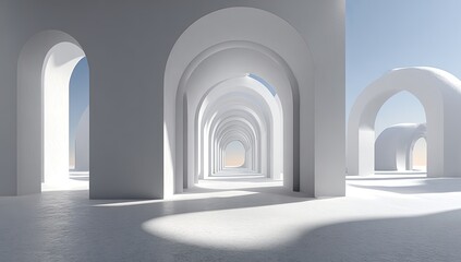 Fototapeta premium A minimalist, arched colonnade stretches into a pale sky