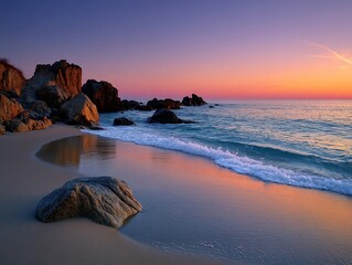 Sunset Beach Scene with Rocks Waves and Colorful Sky.