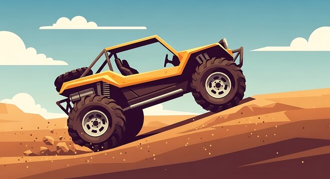 Yellow dune buggy with desert climb.