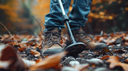 Obraz premium Autumn adventure metal detecting enthusiast searching for treasures in a forest setting