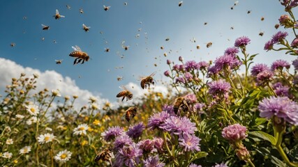 Bees flying over flowers on a sunny day