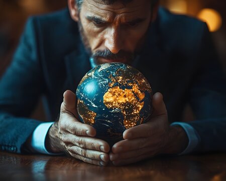 A businessman holds a glowing globe contemplating global business challenges and opportunities