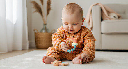 Adorable baby girl playing with colorful teething toys in a cozy home setting.